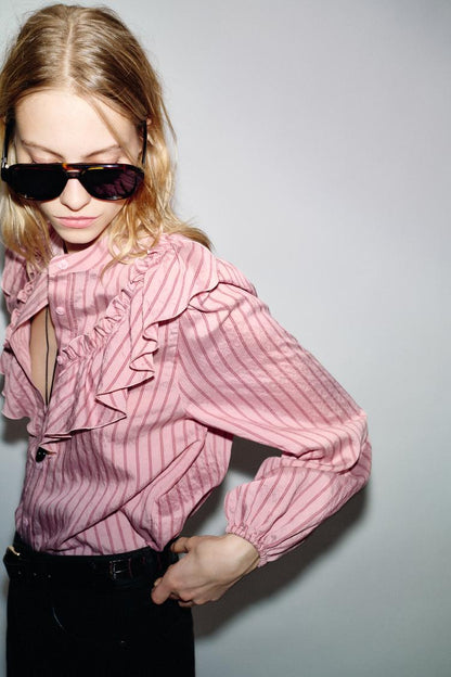 Ruffled Striped Shirt Pink