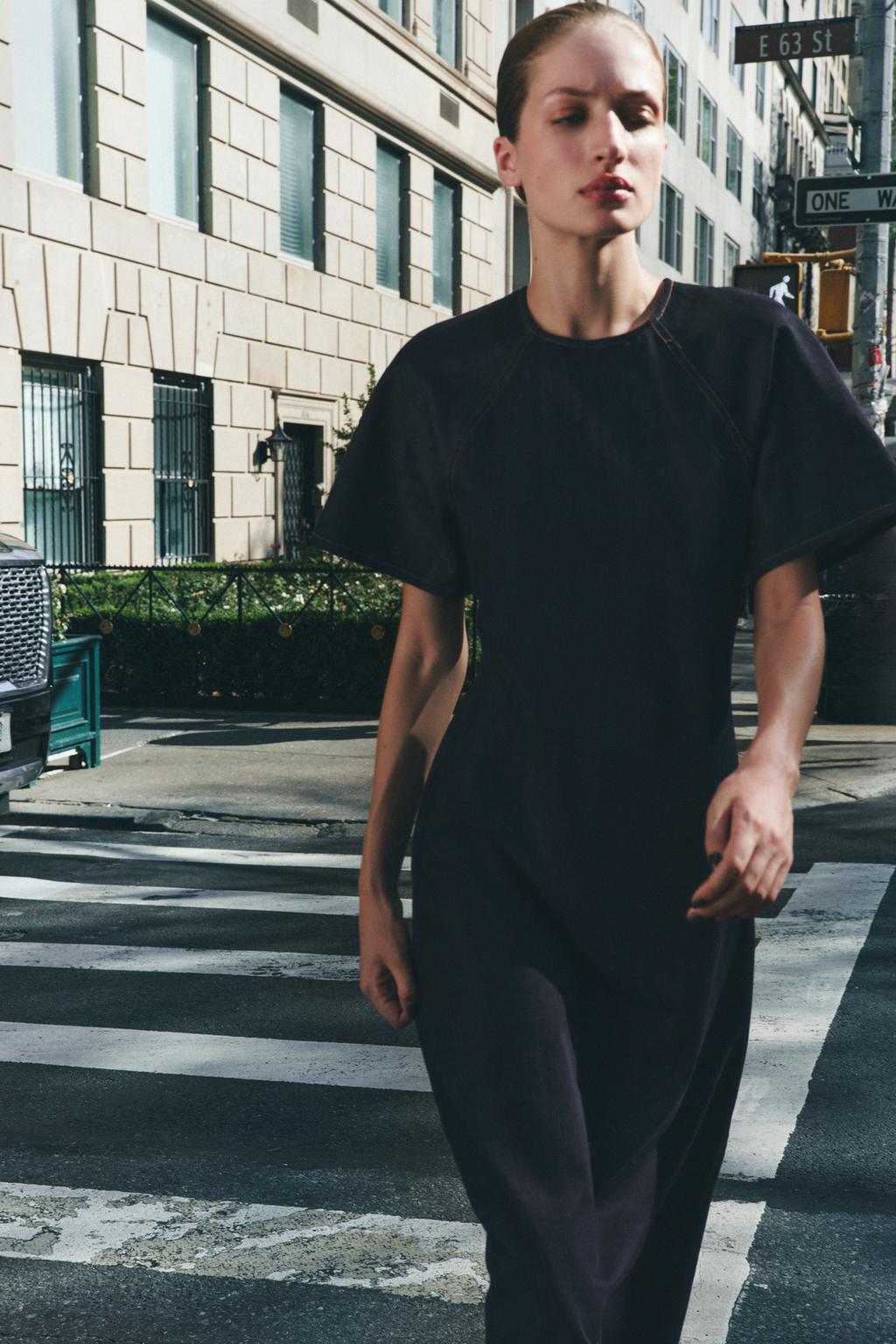 Zara Long Denim Round Neck Short sleeve Flared Hem Dress