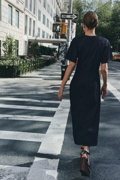 Zara Long Denim Round Neck Short sleeve Flared Hem Dress