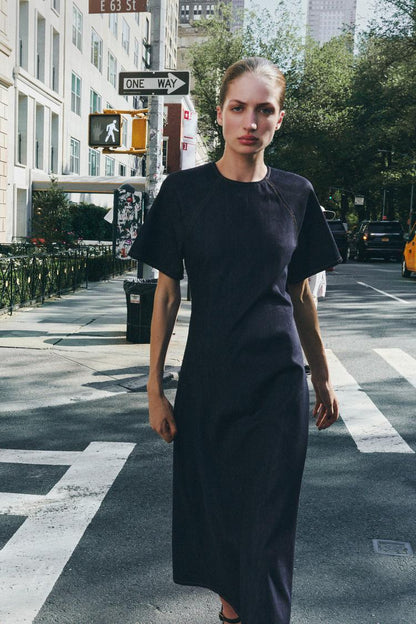 Zara Long Denim Round Neck Short sleeve Flared Hem Dress