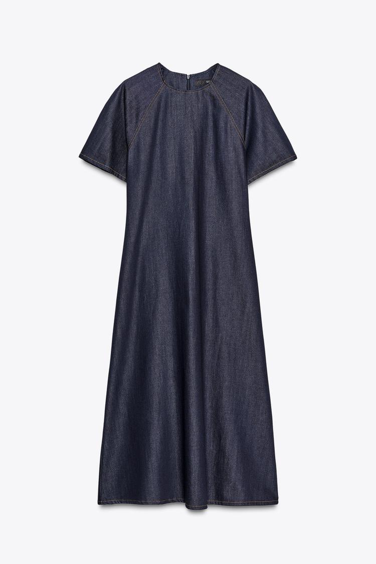 Zara Long Denim Round Neck Short sleeve Flared Hem Dress