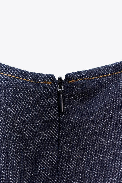 Zara Long Denim Round Neck Short sleeve Flared Hem Dress