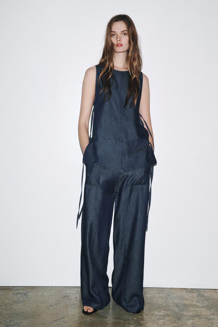 Zara Denim Tie Top and Crossover Denim Trousers Set