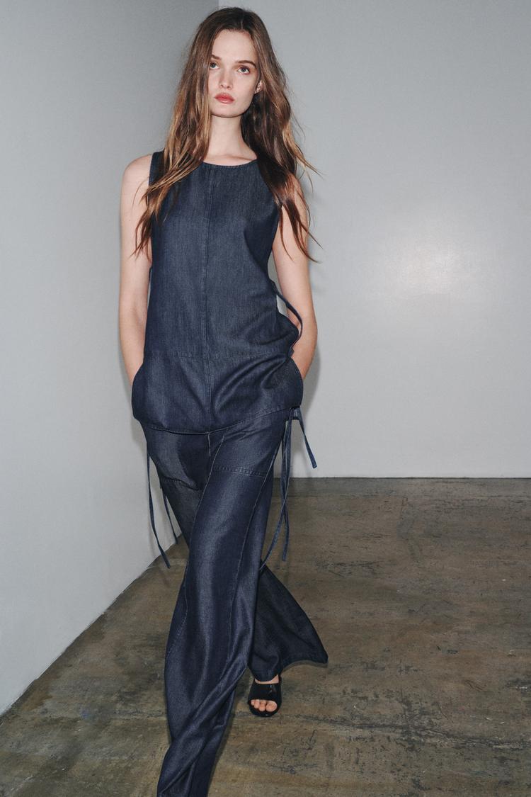 Zara Denim Tie Top and Crossover Denim Trousers Set
