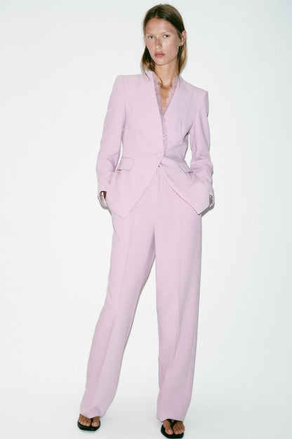 Lilac High Waist Straight Leg Trouser And Fitted Lace Shoulder Pad Blazer set