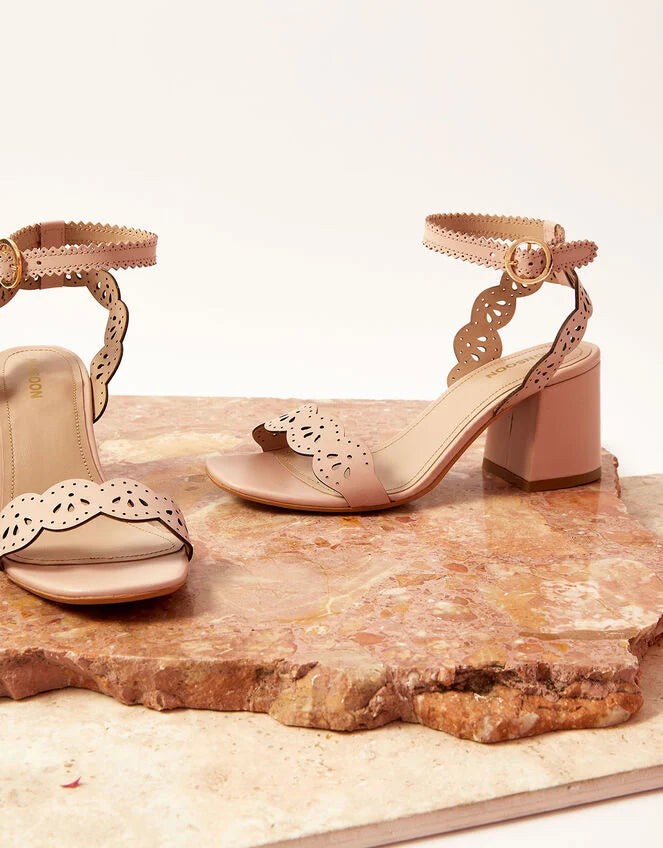 Laser Cut Occasion Leather Block Heels Pink