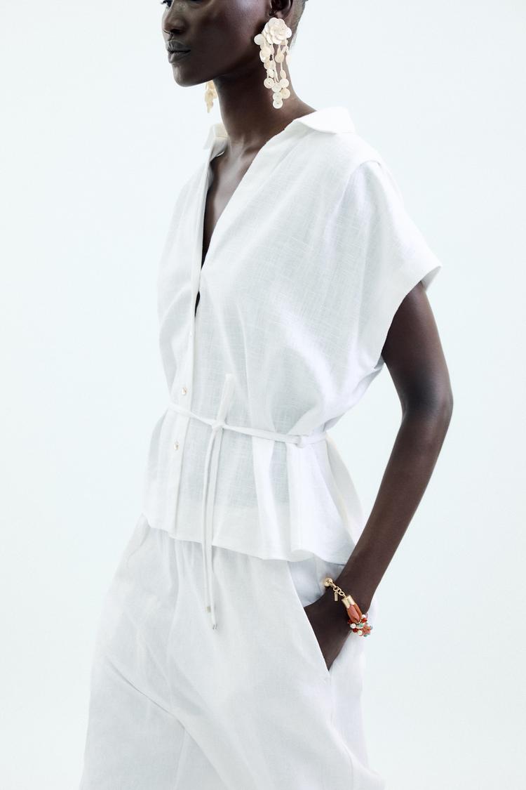 Zara Belted Linen Blend Blouse