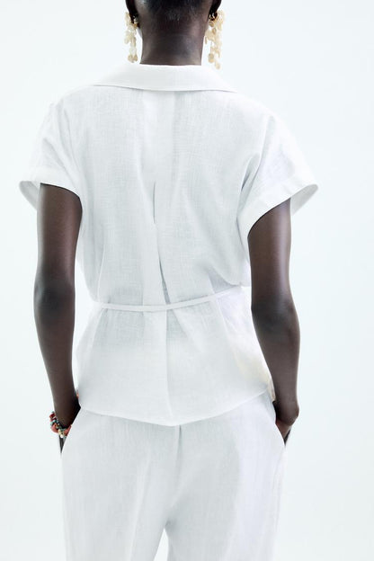 Zara Belted Linen Blend Blouse