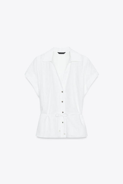 Zara Belted Linen Blend Blouse
