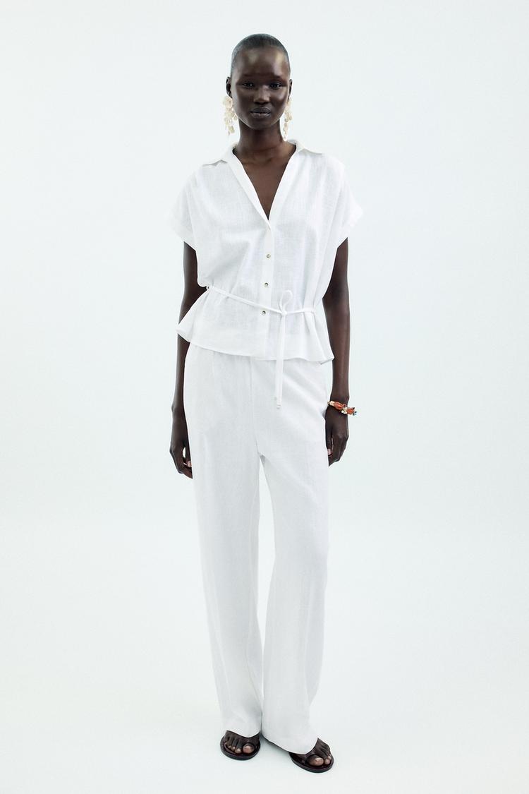 Zara Belted Linen Blend Blouse
