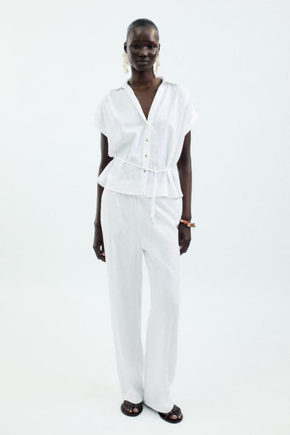 Zara Belted Linen Blend Blouse
