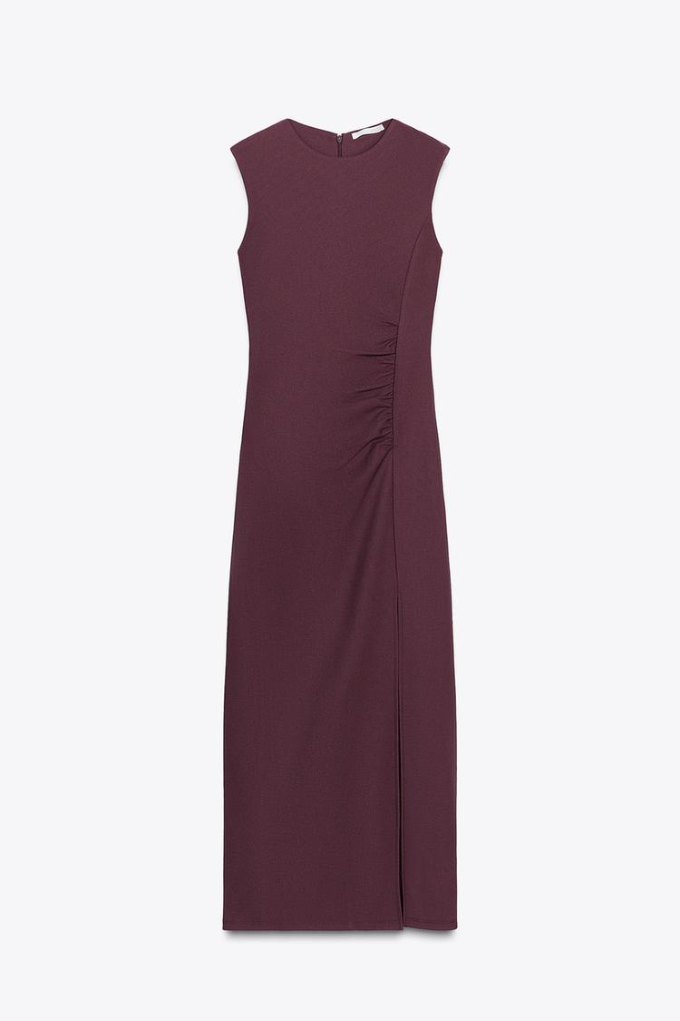 Gathered  Crepe Dress In Burgundy
