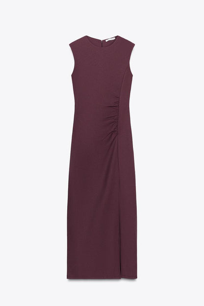 Gathered  Crepe Dress In Burgundy