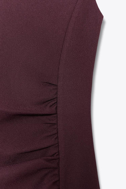 Gathered  Crepe Dress In Burgundy