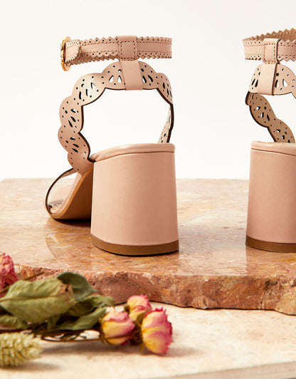 Laser Cut Occasion Leather Block Heels Pink