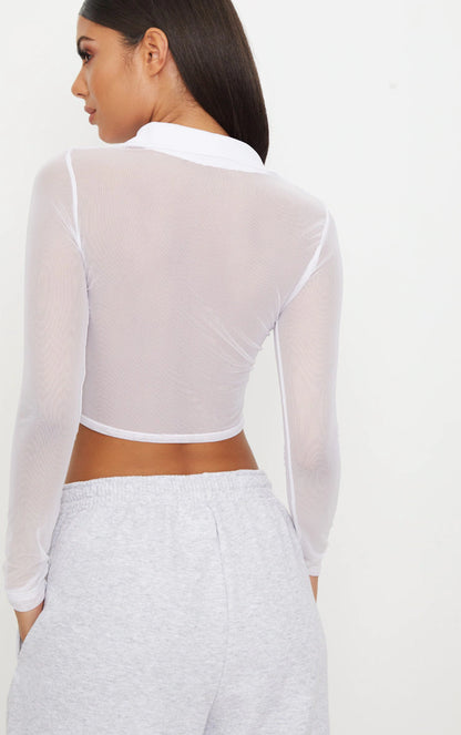 White Sheer Mesh Long Sleeve Crop