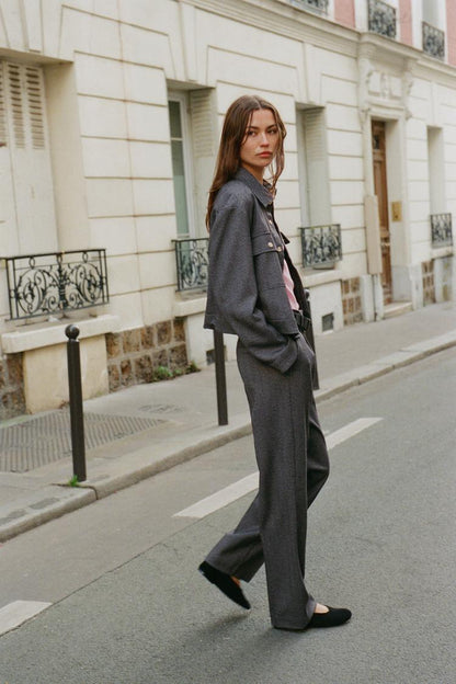 HERRINGBONE STRAIGHT-LEG TROUSERS