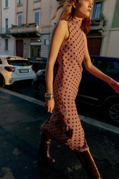 Zara Polka Dot Midi Dress With Bow In Color "Toffee""