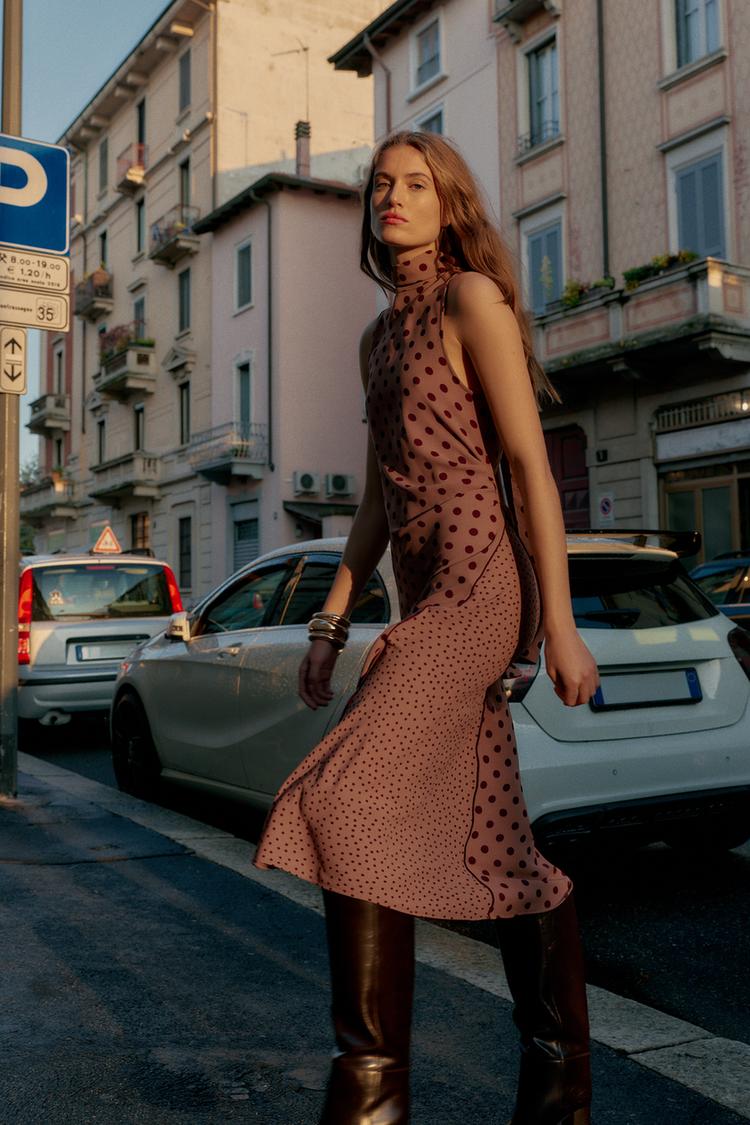 Zara Polka Dot Midi Dress With Bow In Color "Toffee""