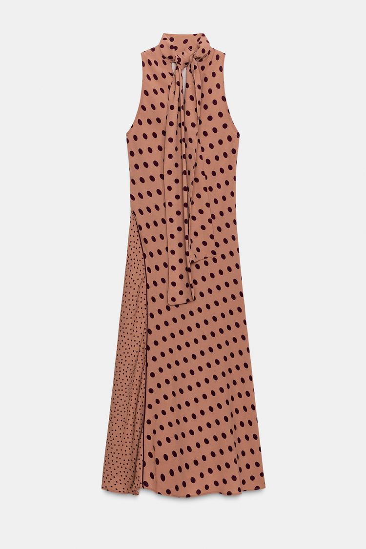 Zara Polka Dot Midi Dress With Bow In Color "Toffee""