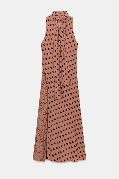 Zara Polka Dot Midi Dress With Bow In Color "Toffee""