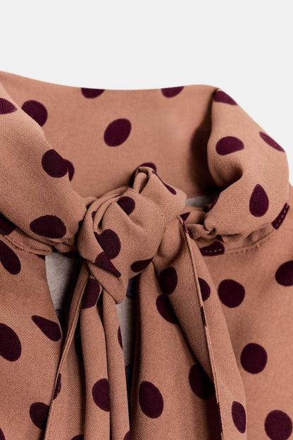 Zara Polka Dot Midi Dress With Bow In Color "Toffee""