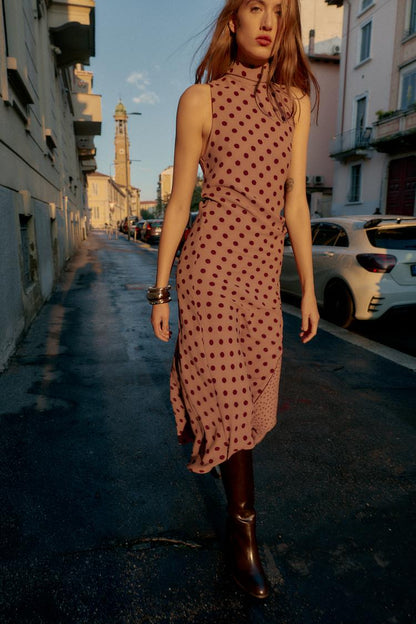 Zara Polka Dot Midi Dress With Bow In Color "Toffee""