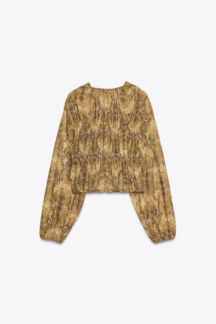 Zara Blouse With Ties And Balloon Printed Pant Set