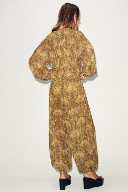 Zara Blouse With Ties And Balloon Printed Pant Set