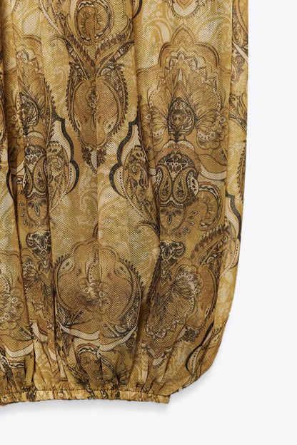 Zara Blouse With Ties And Balloon Printed Pant Set