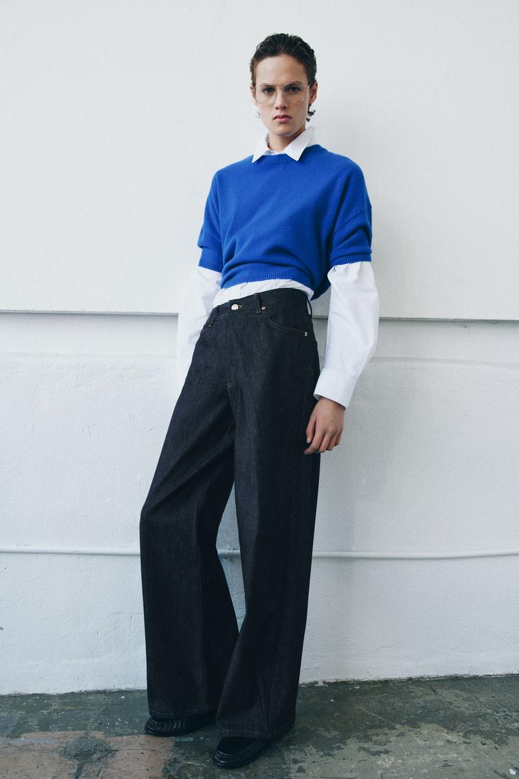 Relaxed Pleated Mid Rise Jeans Blue