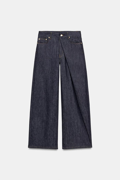 Relaxed Pleated Mid Rise Jeans Blue