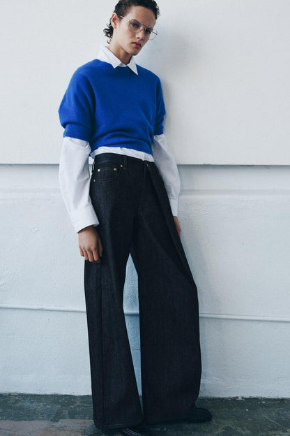Relaxed Pleated Mid Rise Jeans Blue