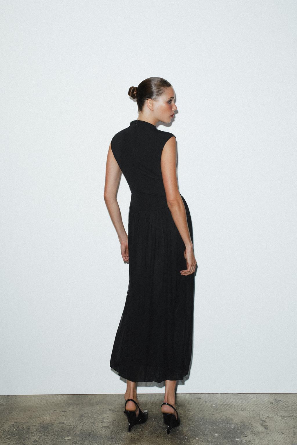 LONG CONTRAST TULLE DRESS Black