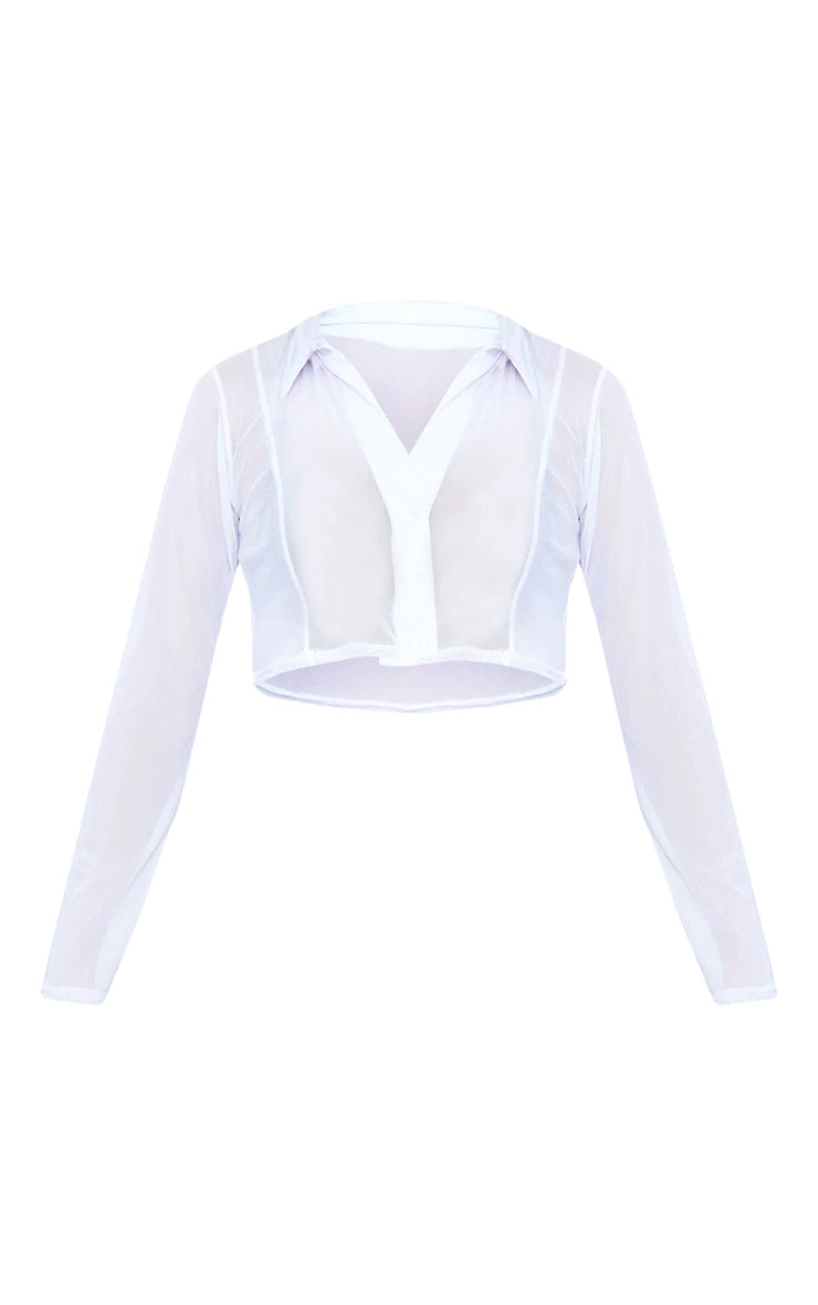 White Sheer Mesh Long Sleeve Crop