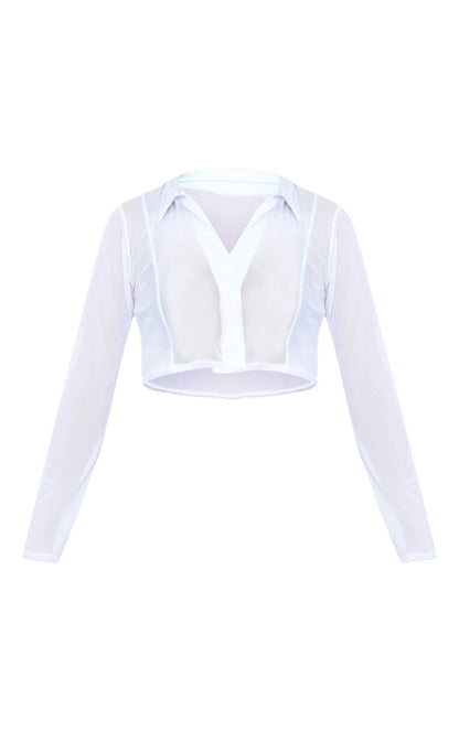 White Sheer Mesh Long Sleeve Crop