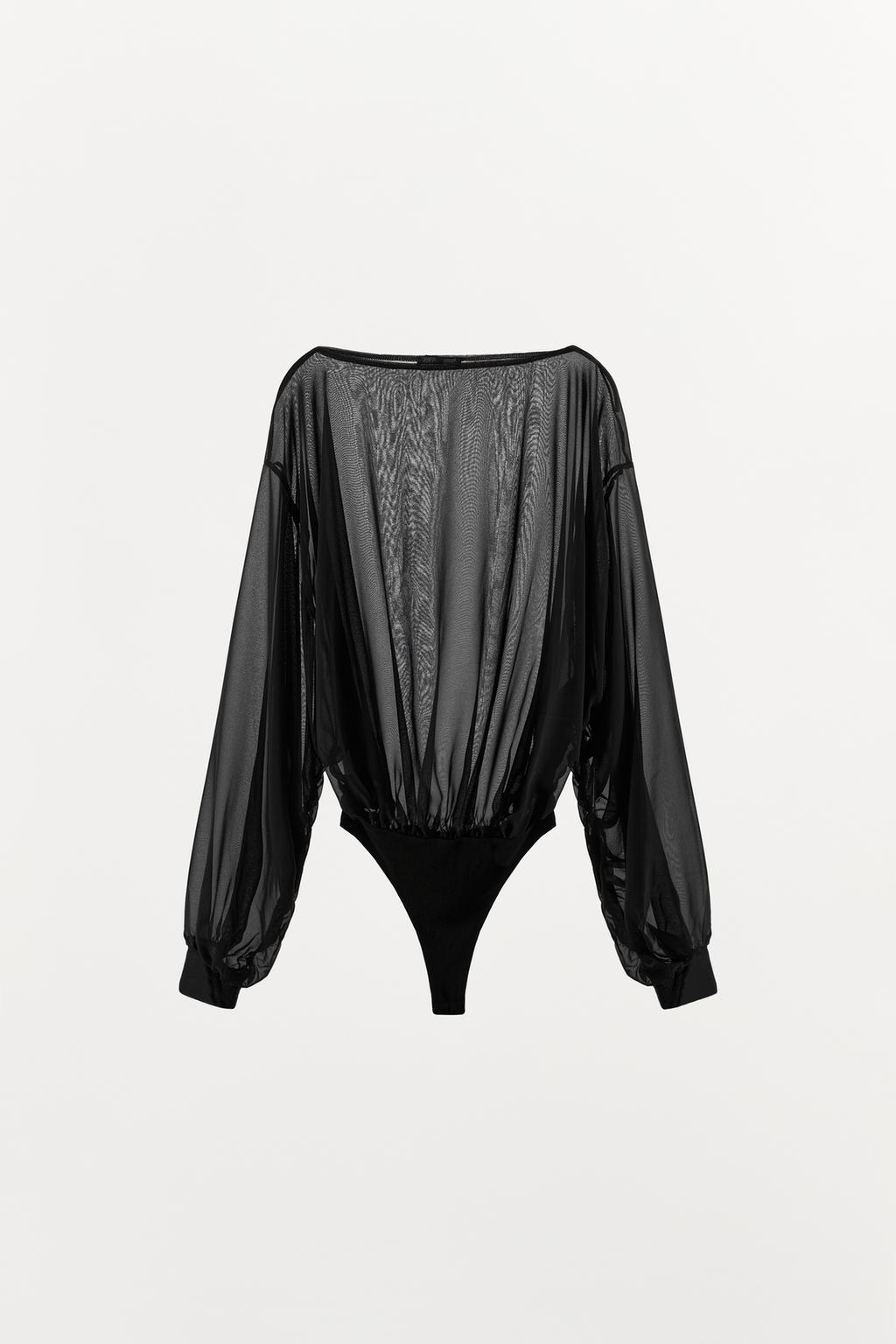 Black Sheer Mesh Long Sleeve Bodysuit