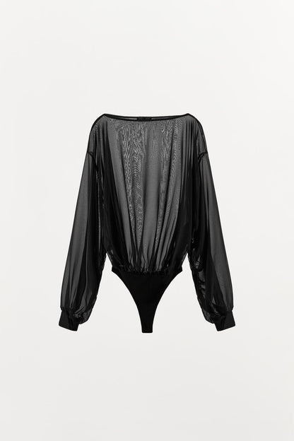 Black Sheer Mesh Long Sleeve Bodysuit