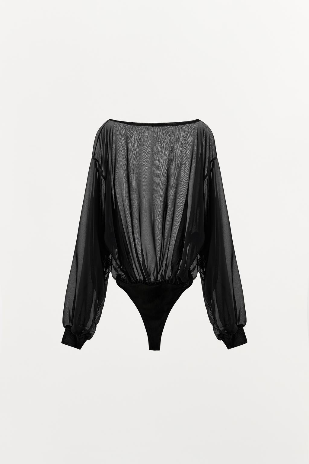 Black Sheer Mesh Long Sleeve Bodysuit