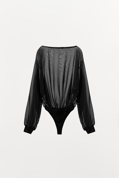 Black Sheer Mesh Long Sleeve Bodysuit