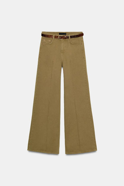 High Waist Wide Leg Belted Jeans