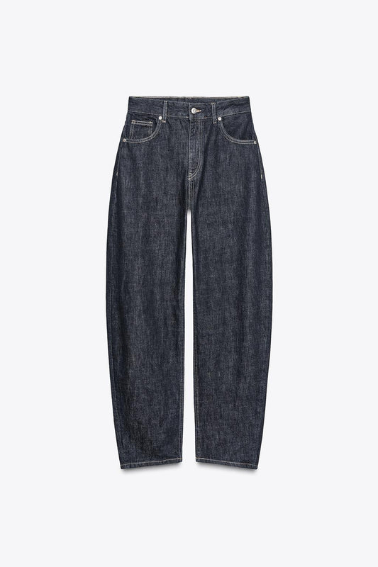 Zara High Waist Barrel Jeans-Dark Indigo