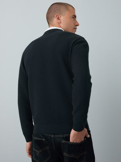 Navy Blue Regular Fit Textured Oxford Mock Shirt Jumper