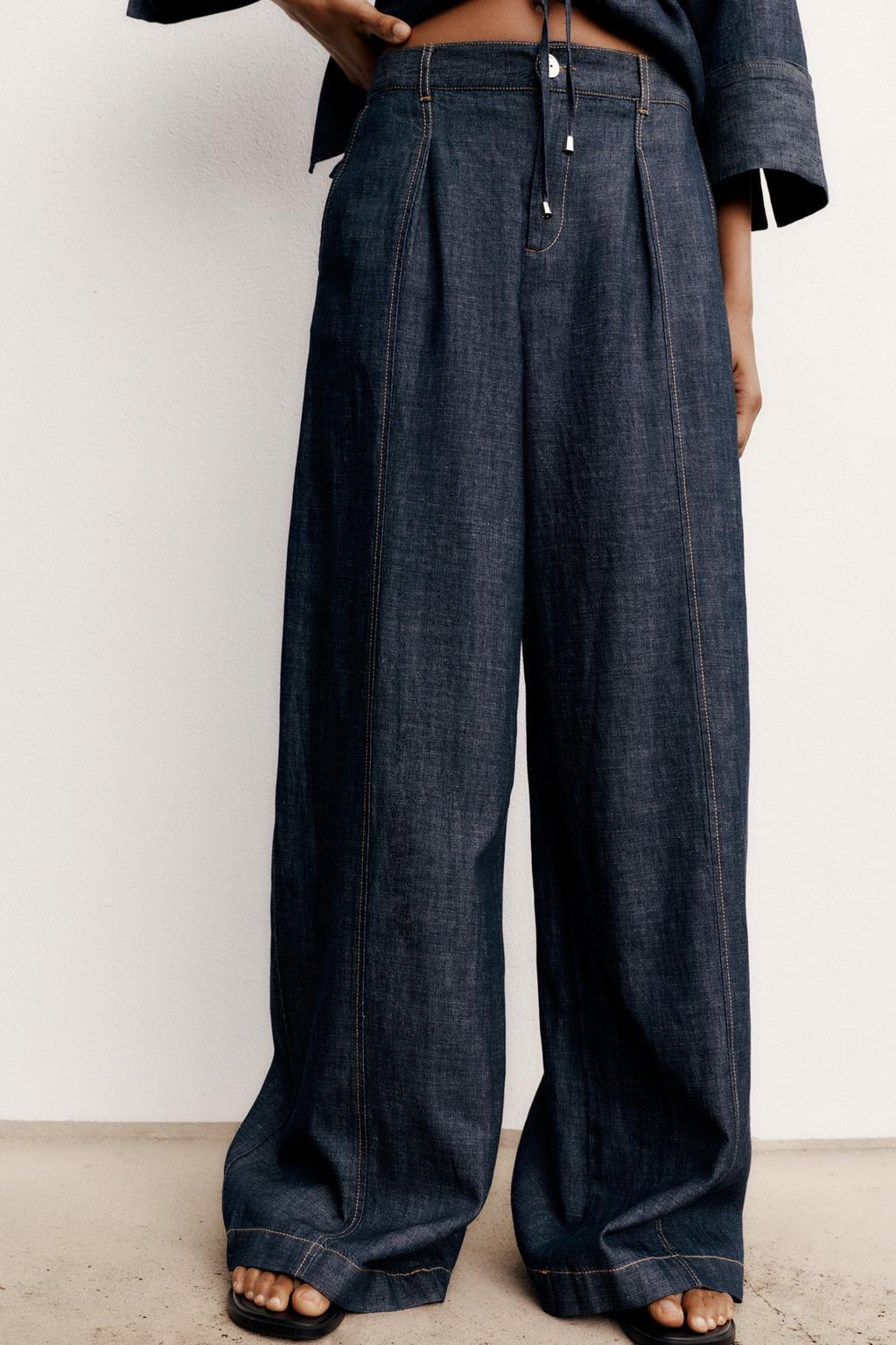LINEN BLEND WIDE-LEG TROUSERS Navy