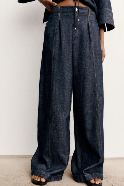 LINEN BLEND WIDE-LEG TROUSERS Navy