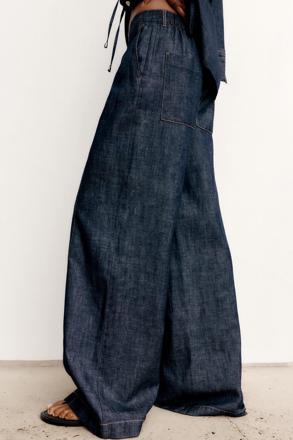 LINEN BLEND WIDE-LEG TROUSERS Navy