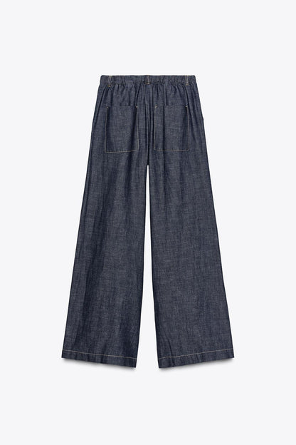 LINEN BLEND WIDE-LEG TROUSERS Navy