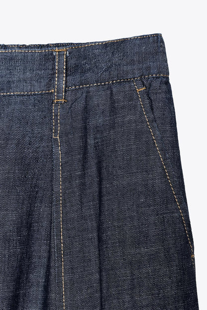 LINEN BLEND WIDE-LEG TROUSERS Navy