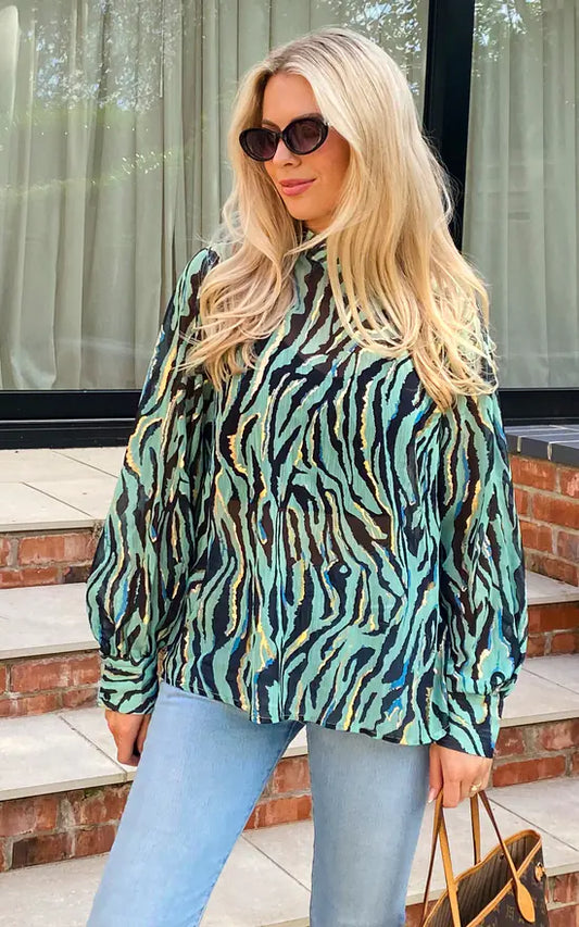 Zebra High Neck Chiffon Blouse In Turquoise With Gold