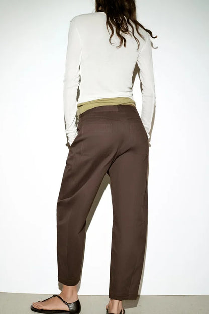 Zara Herringbone Trouser Dark Brown